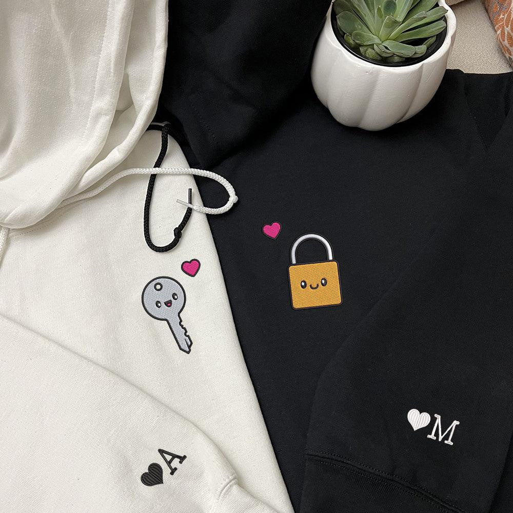 Cute Padlock x Key Custom Embroidered Matching Hoodies For Couples