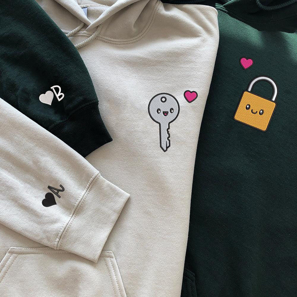 Cute Padlock x Key Custom Embroidered Matching Hoodies For Couples