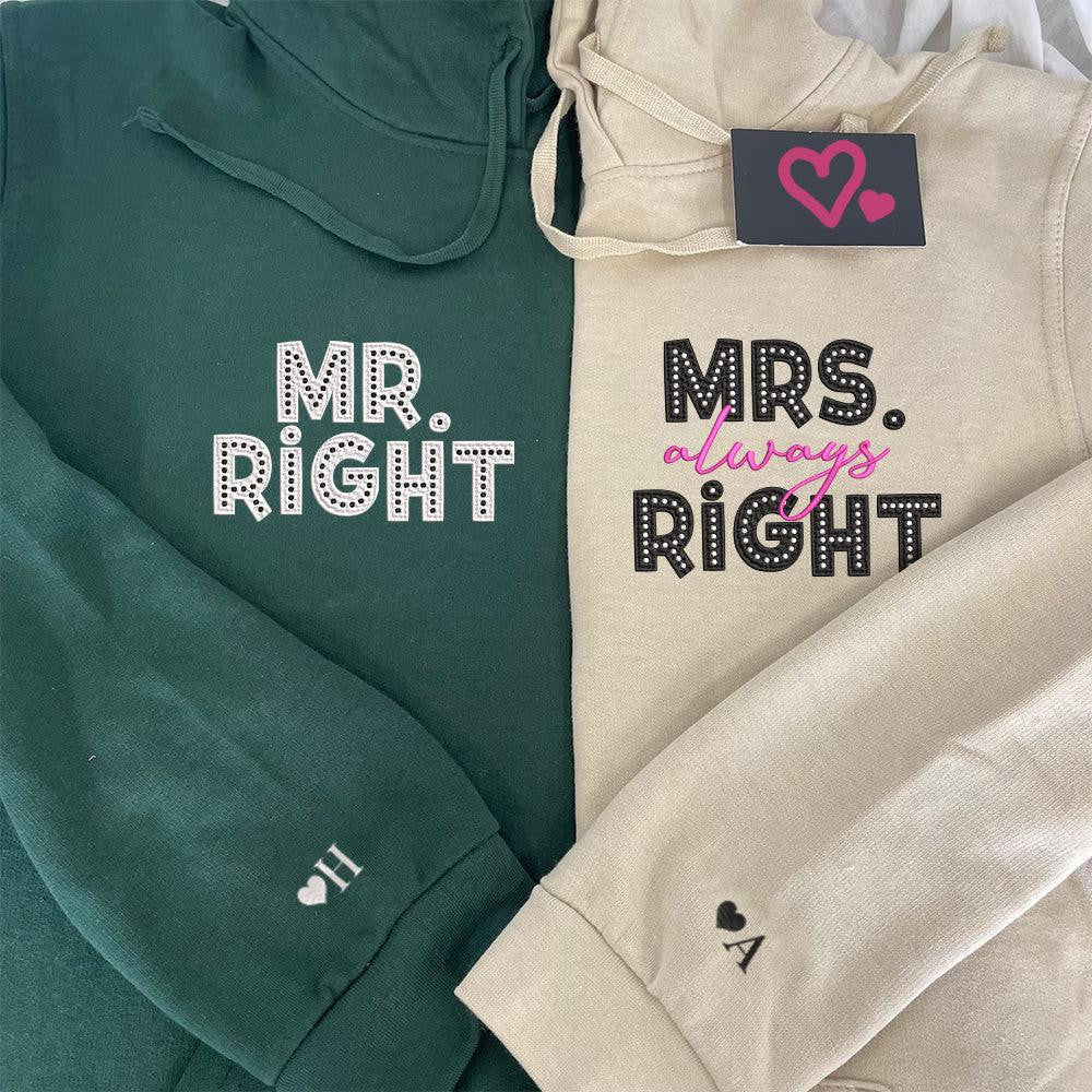 Mr Right x Mrs Always Right Pocket Custom Embroidered Matching Hoodies For Couples
