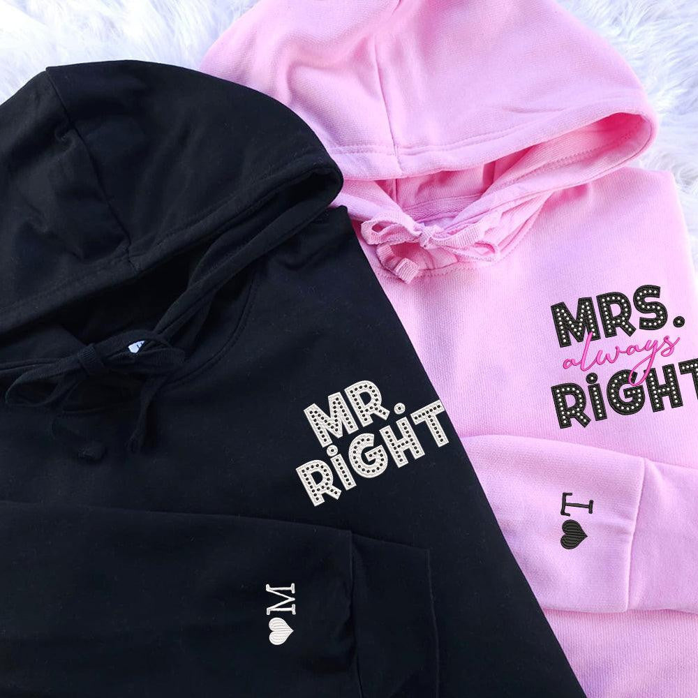 Mr Right x Mrs Always Right Pocket Custom Embroidered Matching Hoodies For Couples