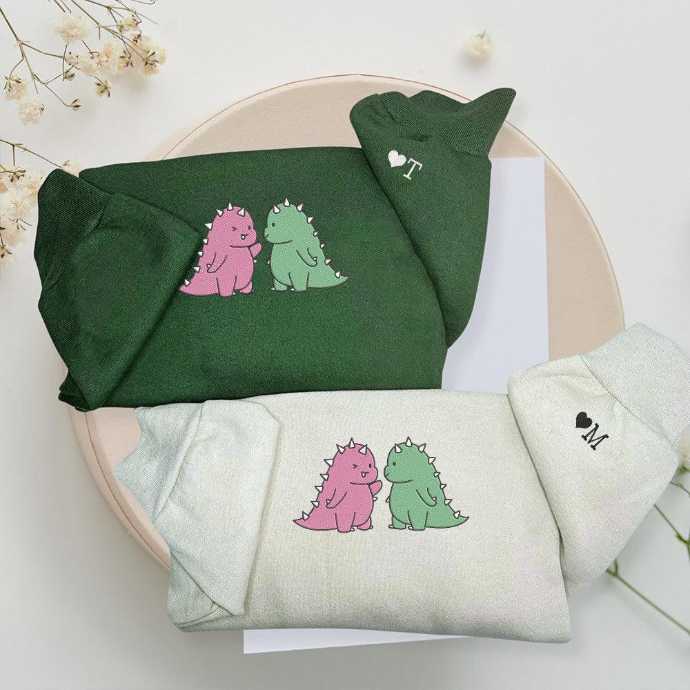 Cute Dinosaur Couple Custom Embroidered Matching Hoodies For Couples