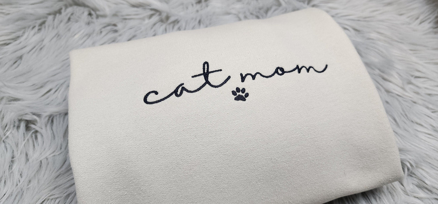 Embroidered Cat Mom Crewneck with Paw Print - Gift For Cat Mama - Cat Mom Crewneck or Hoodie