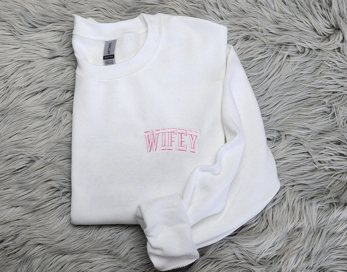 Embroidered Wifey Pocket Logo Crewneck Shirt - Embroidered Wifey - Pocket Logo Embroidery - Custom Embroidery