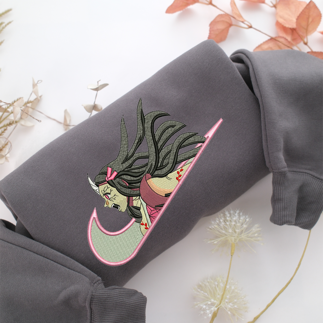 Angry Nezuko Kamado Nike Embroidered Sweatshirt, Nike Movie Inspired, Valentine's Day Gifts Idea For Him Her