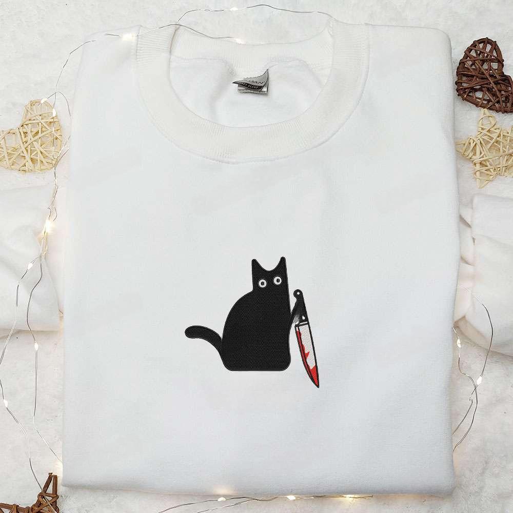 What Funny Black Cat With Knife Embroidered Shirt Halloween Embroidered Shirt
