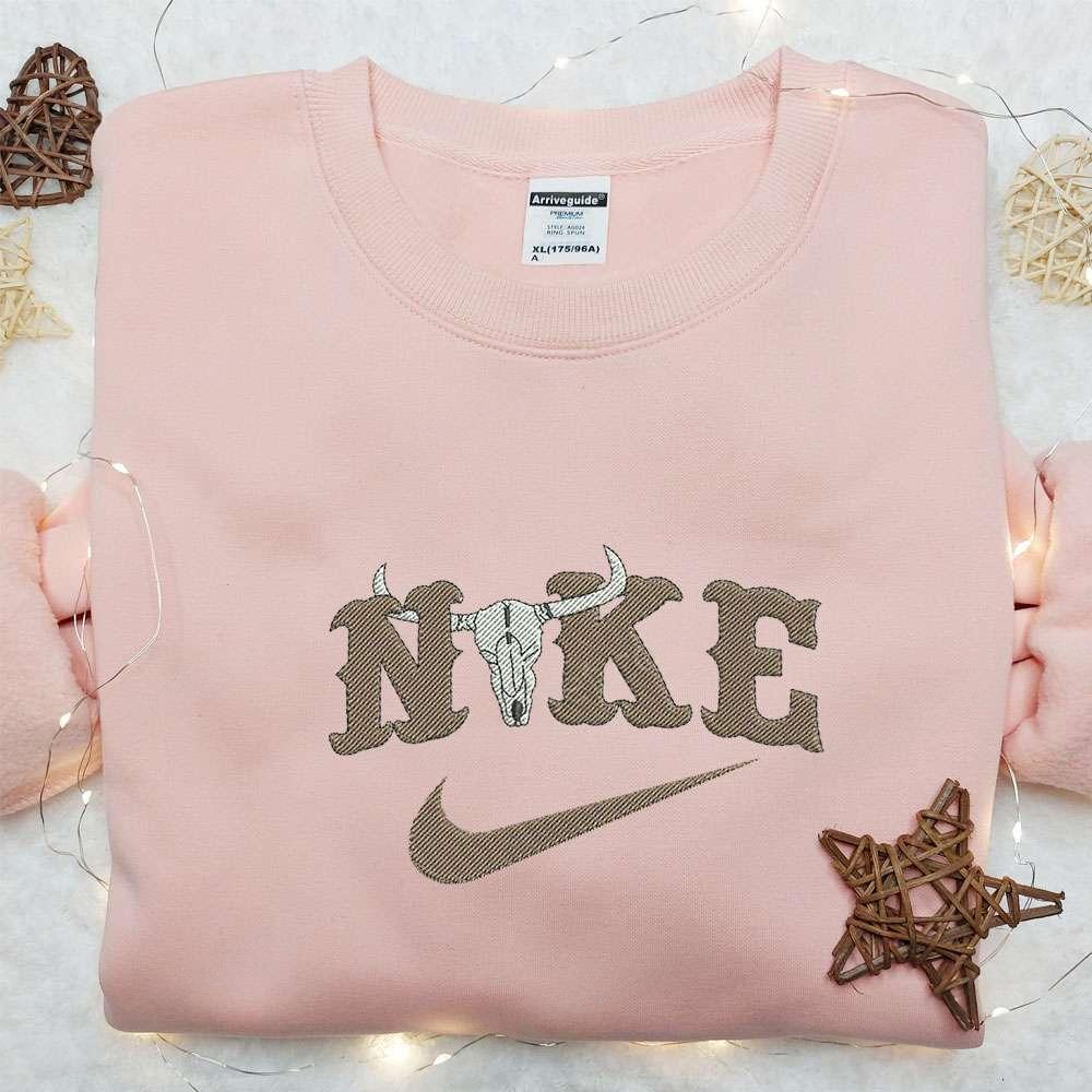 Bull Skull x Nike Swoosh Embroidered Shirt Nike Inspired Embroidered Hoodie Best Gifts For Family