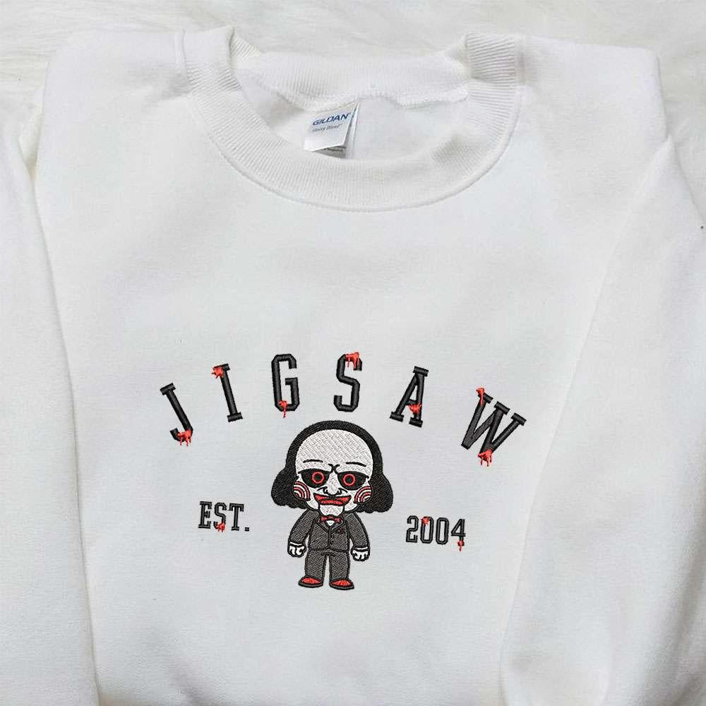 Jigsaw Est 2004 Embroidered Hoodie Horror Characters Embroidered Sweatshirt Spooky Embroidered Shirt