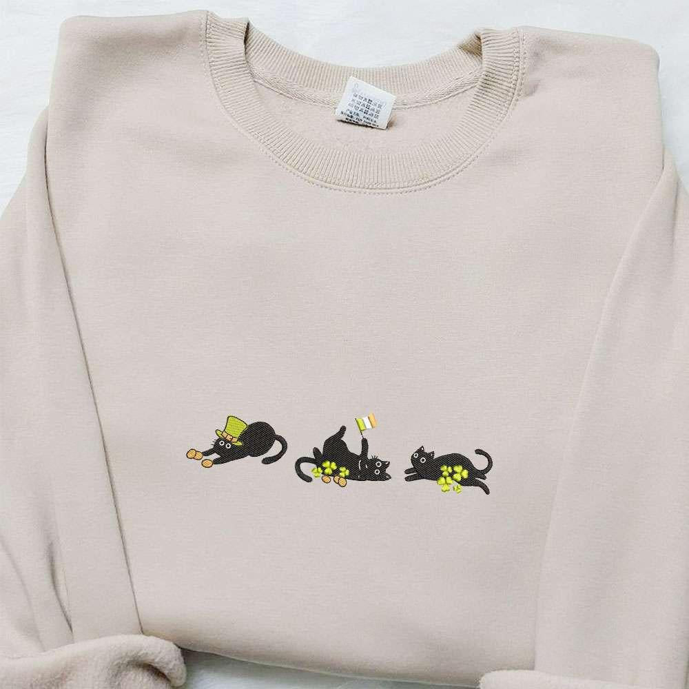 Black Cats With Shamrocks Embroidered Shirt Saint Patricks Day Embroidered Hoodie Best Holiday Gift Ideas