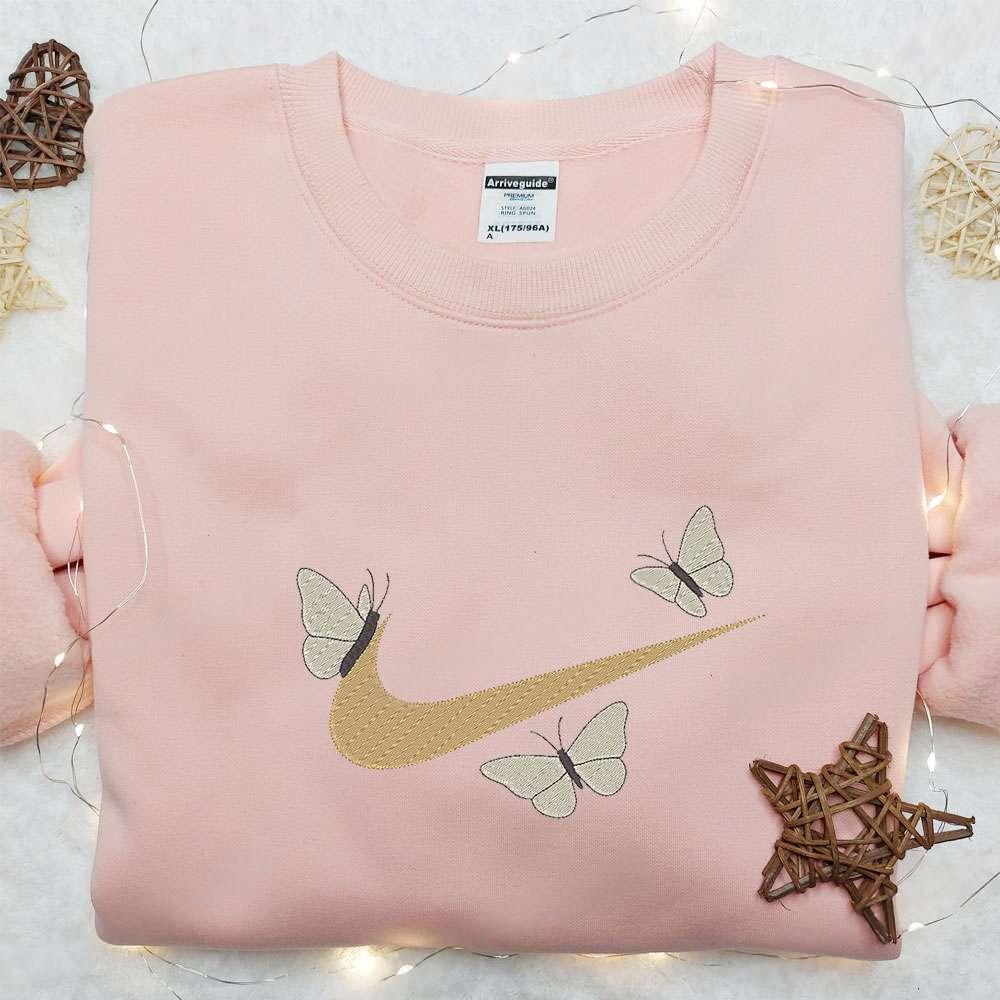 Butterflies x Swoosh Embroidered Shirt Nike Inspired Embroidered Hoodie Custom Nike Embroidered T shirt