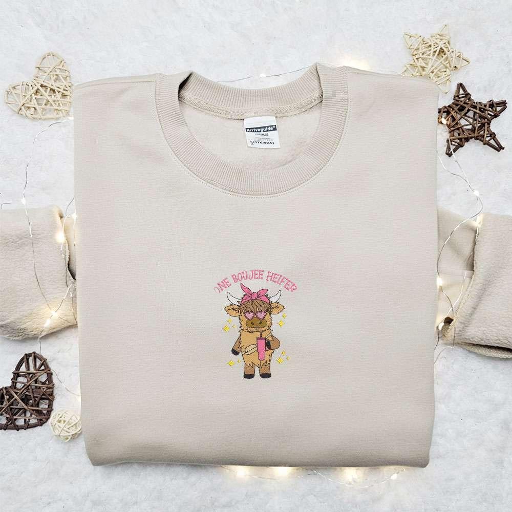One Boujee Heifer Highland Cow Embroidered Shirt Animal Embroidered Hoodie Best Gift Idea