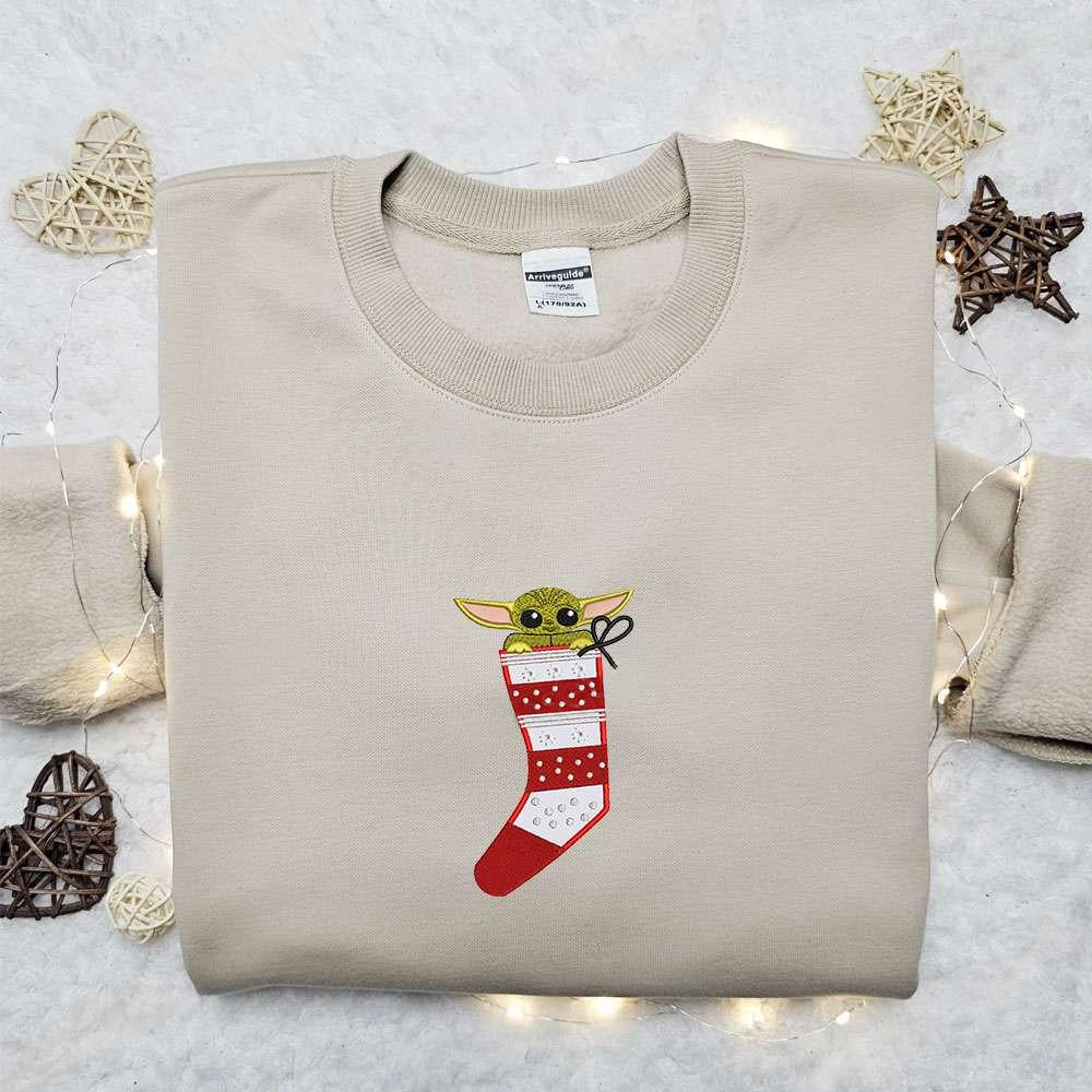 Baby Yoda Hide In Christmas Sock Embroidered Shirt Christmas Embroidered Hoodie Best Gifts For Family