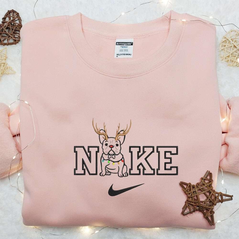 Bull Dog Xmas x Nike Embroidered Shirt Animal Embroidered Hoodie Christmas Embroidered Sweatshirt