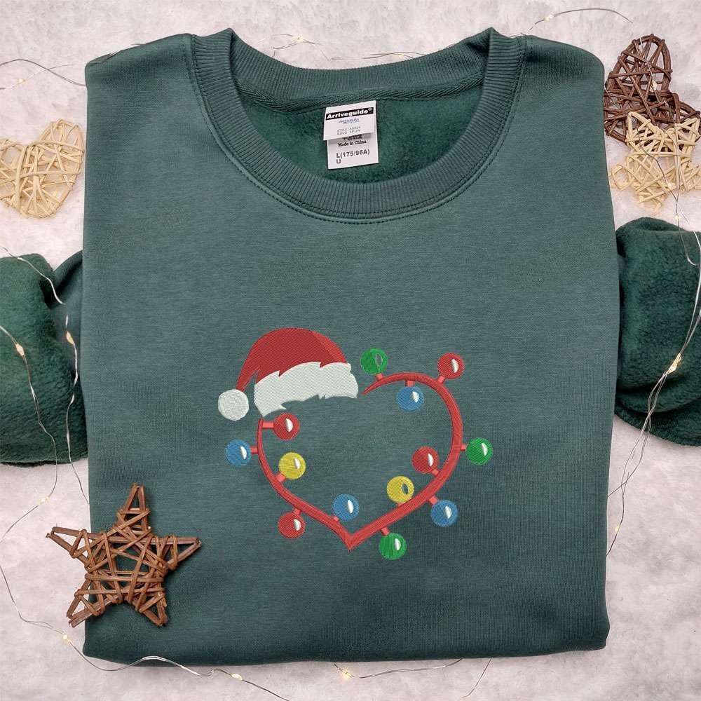 Christmas Hat And Lights Heart Embroidered Shirt Christmas Embroidered Hoodie Best Gifts For Family