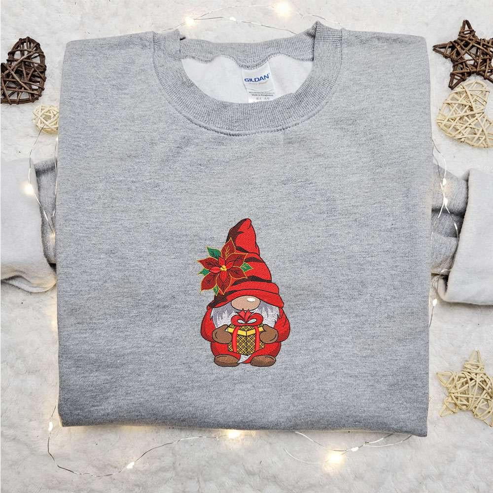 Christmas Gnome With Poinsettia Embroidered Hoodie Christmas Embroidered Hoodie Best Christmas Gift Ideas For Family