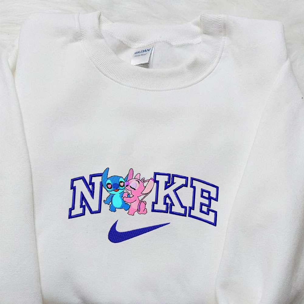 Couple Love Stitch Angel x Nike Cartoon Embroidered Tshirt Nike Inspired Embroidered Shirt Best Valentines Day Gift Ideas