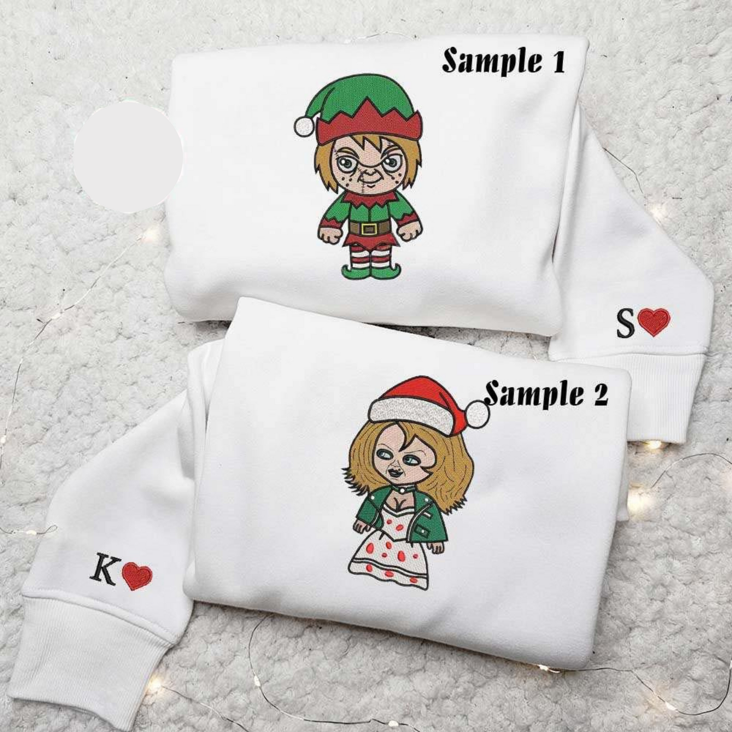 Chibi Chucky And Tiffany Horror Christmas Halloween Embroidered Couples Shirts