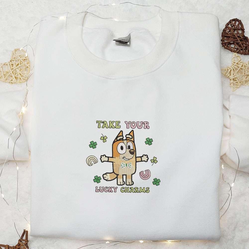 Bingo Take Your Lucky Charm Embroidered Shirt Bluey Cartoon Embroidered Hoodie Saint Patricks Day Gift Ideas