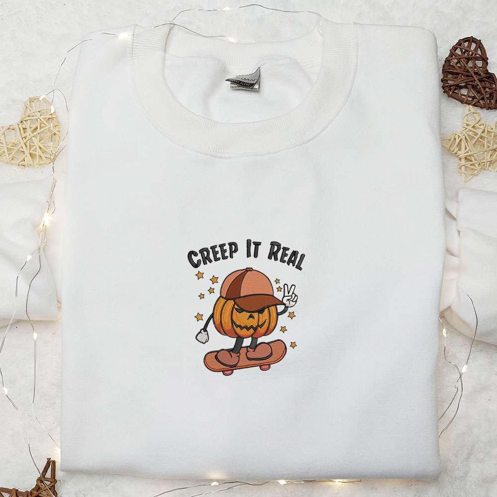 Creep It Real Pumpkin Boy On Skateboard Embroidered Shirt Happy Halloween Embroidered Hoodie Funny Halloween Embroidered T shirt