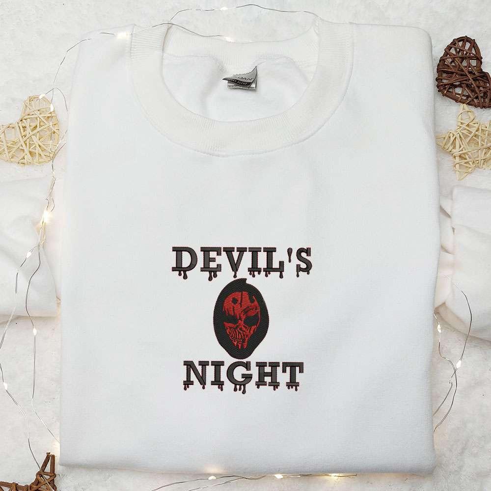 Devils Night Skull Embroidered Sweatshirt Scary Halloween Embroidered Hoodie Best Halloween Gifts Ideas