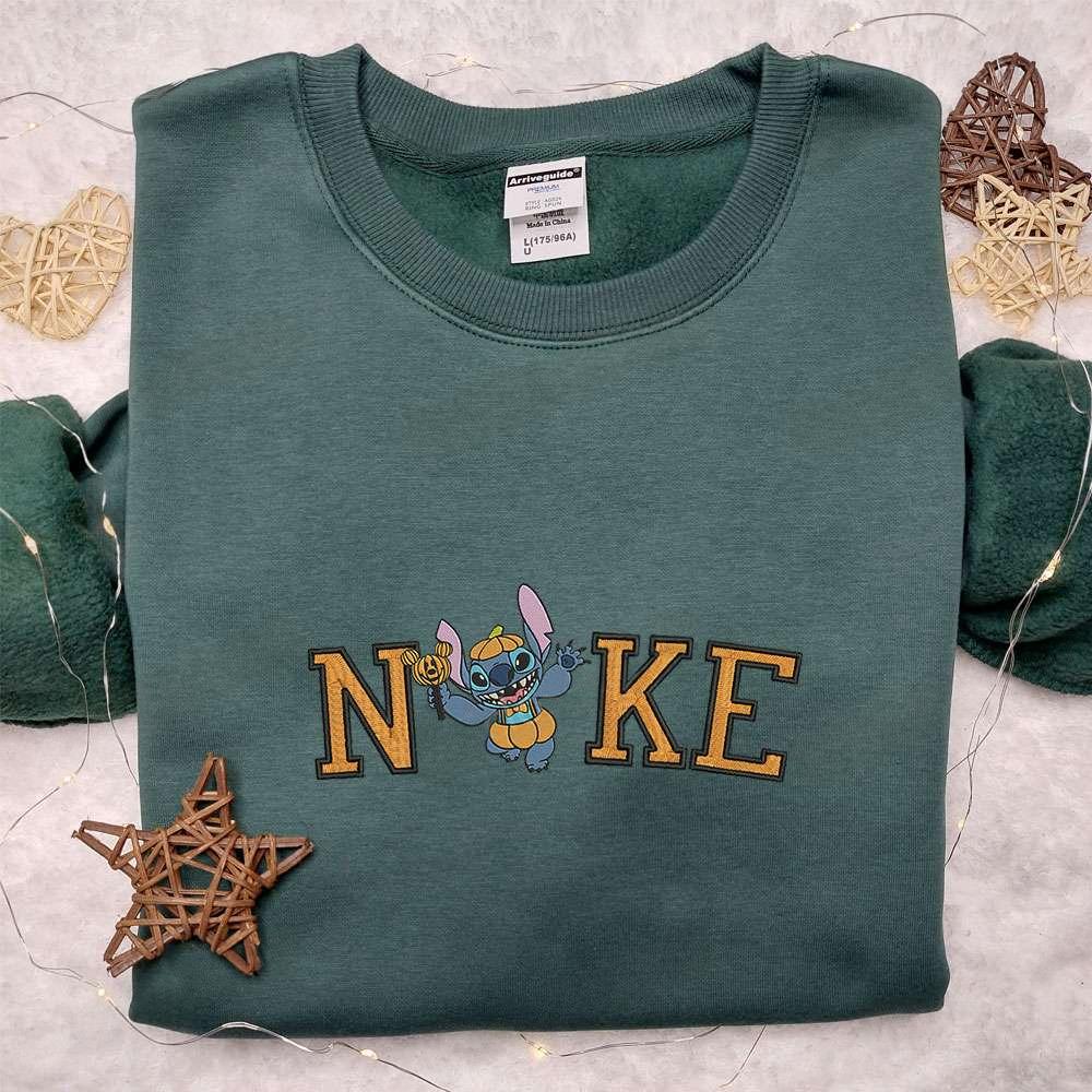 Happy Stitch Halloween Pumpkin x Nike Embroidered Shirt Funny Disney Characters Embroidered T shirt Nike Inspired Embroidered Sweatshirt