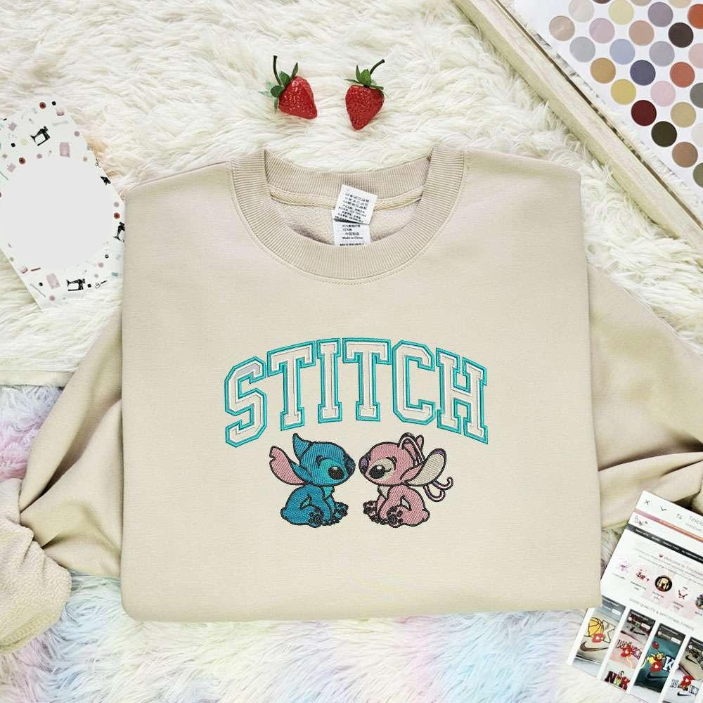 Stitch And Angel Disney Characters Embroidered Shirt