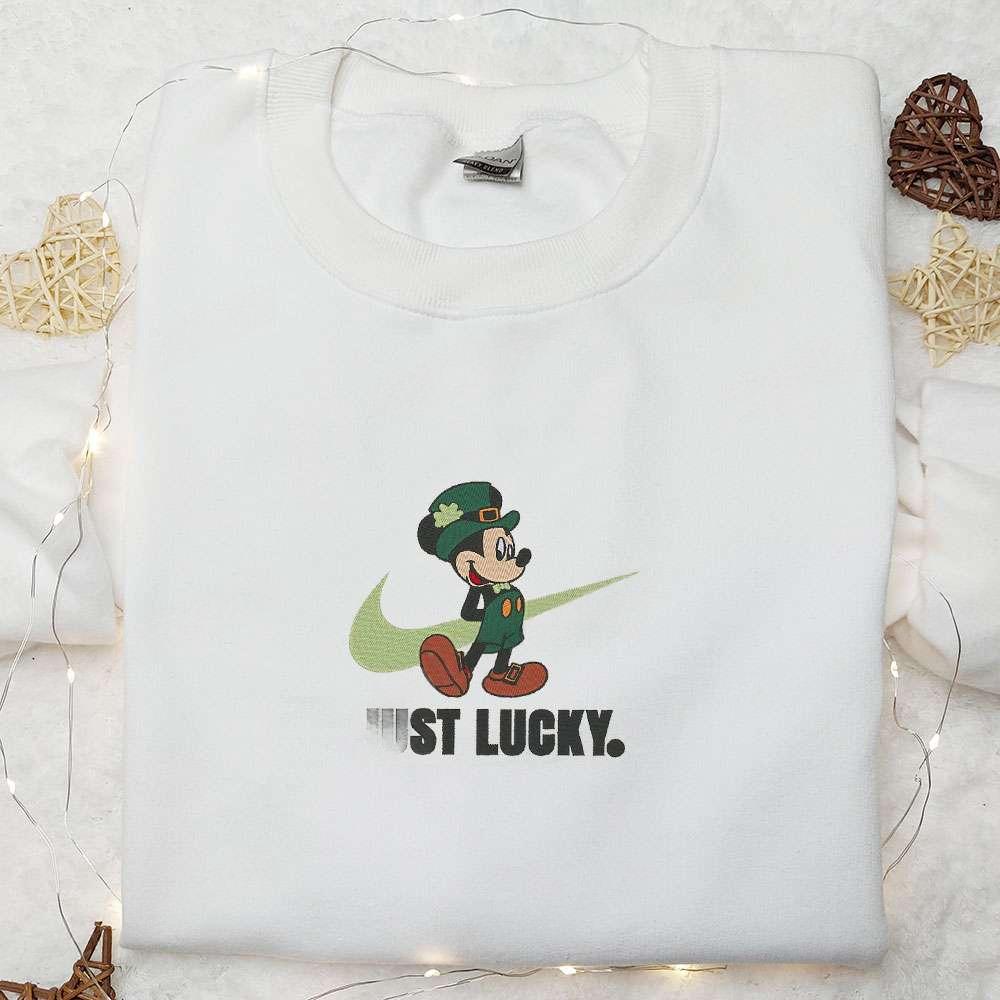 Mickey Just Lucky x Nike Swoosh Embroidered Shirt Disney Characters Embroidered Hoodie Best Saint Patricks Day Gift Idea