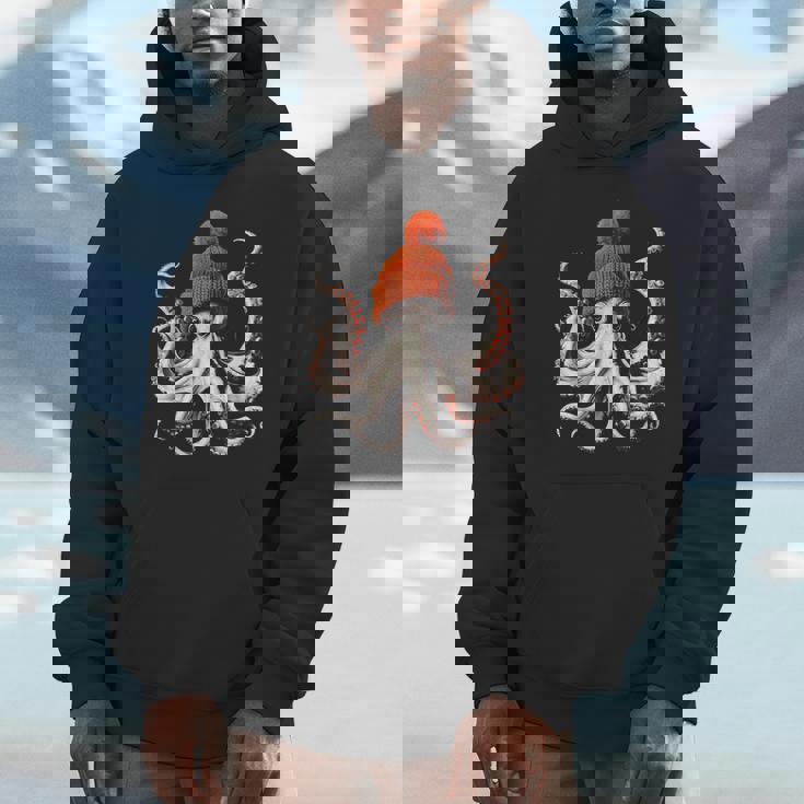 Octopus Wearing Beanie Retro Graphic Marine Biology Ocean Unisex Hoodie