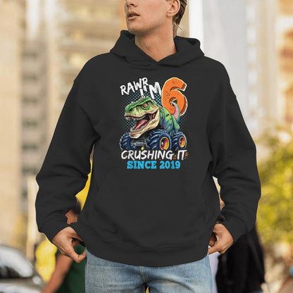 6Th Birthday Monster Truck Dinosaur Party Boys Rawr I'm 6 Unisex Hoodie