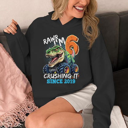 6Th Birthday Monster Truck Dinosaur Party Boys Rawr I'm 6 Unisex Hoodie