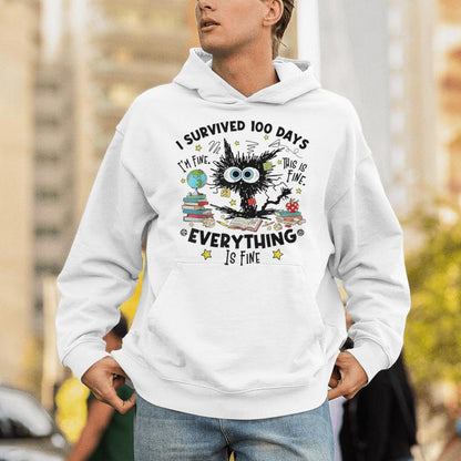 Bleached Cat I Survived 100 Days Of School Its Fine I'm Fine Unisex Hoodie