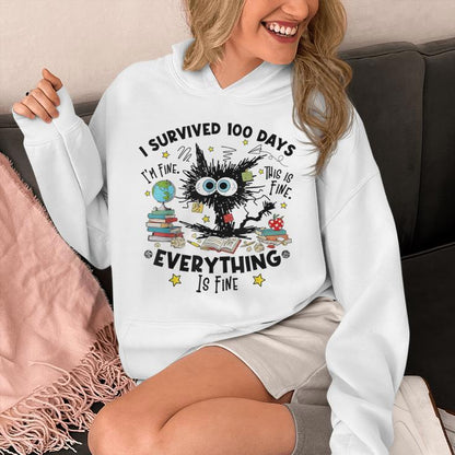 Bleached Cat I Survived 100 Days Of School Its Fine I'm Fine Unisex Hoodie