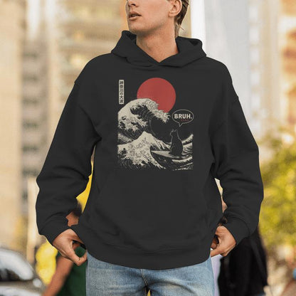 Bruh The Great Wave Kanagawa Japanese Surfing Cat Unisex Hoodie