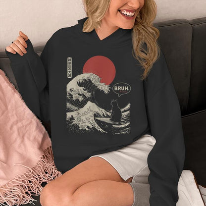 Bruh The Great Wave Kanagawa Japanese Surfing Cat Unisex Hoodie