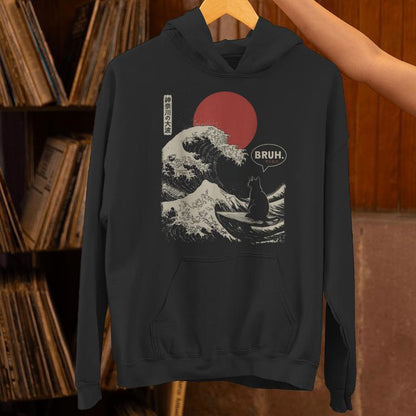 Bruh The Great Wave Kanagawa Japanese Surfing Cat Unisex Hoodie