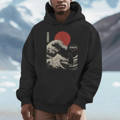 Bruh The Great Wave Kanagawa Japanese Surfing Cat Unisex Hoodie