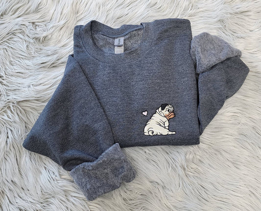 Embroidered Pug  Sweatshirt, Pug Love Unisex Sweatshirt or Hooded Sweatshirt