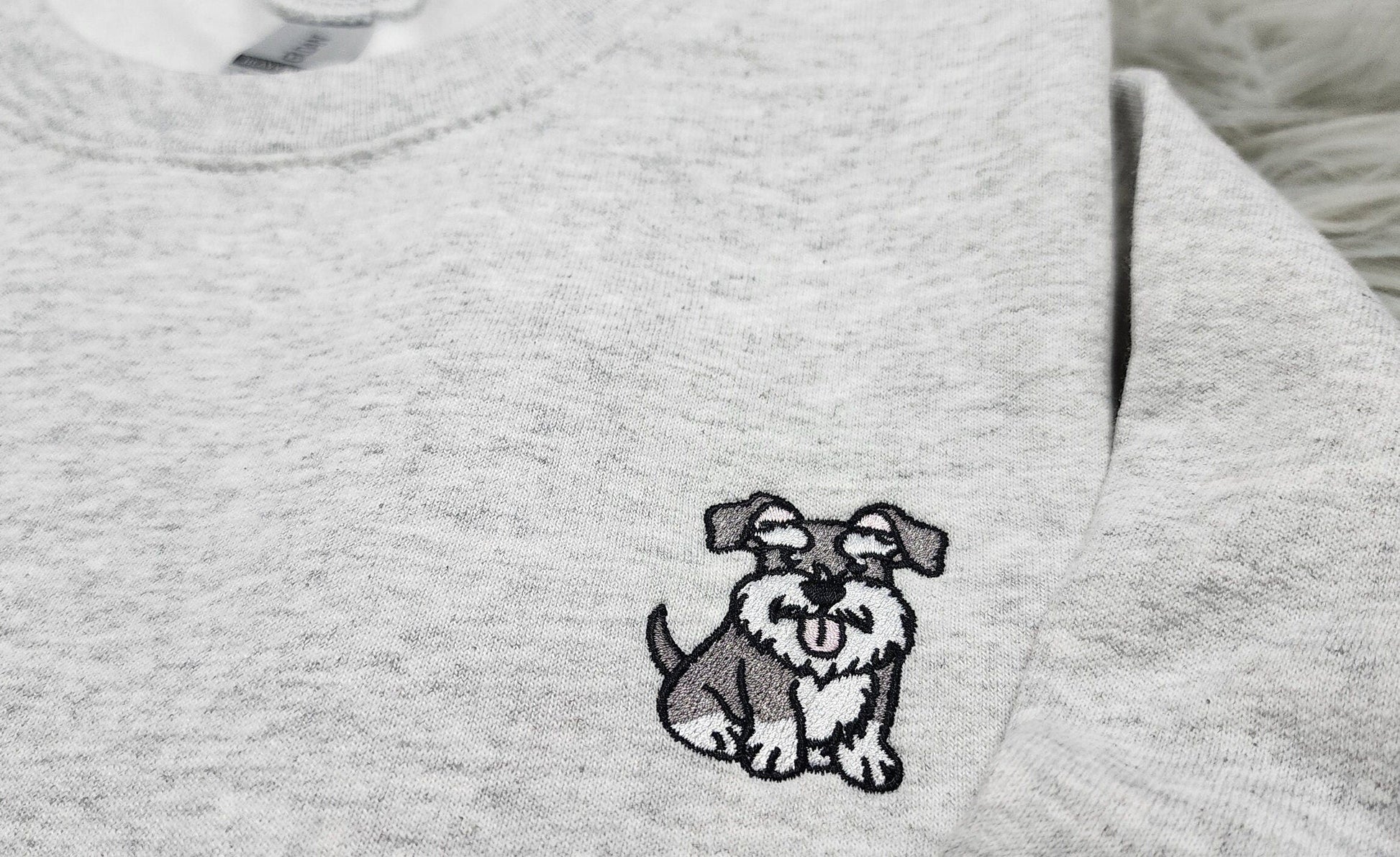 Embroidered Schnauzer Crewneck - Schnauzer Embroidery Unisex Crew - Schnauzer Pocket logo Tee - T- Shirt - Sweatshirt or Hooded Sweatshirt