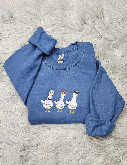 Embroidered Three Silly Goose Funny Sweatshirt - Cute Silly Goose Crewneck or Hooded Sweatshirt - Love Coffee Hearts
