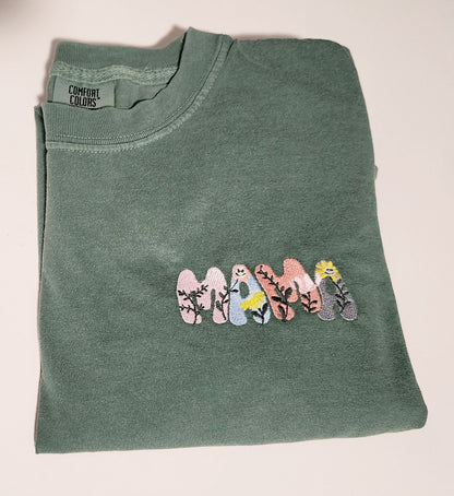 Embroidered Mama Comfort Colors T-Shirt, Pocket Design Flower Embroidered T-Shirt, Mother Gift