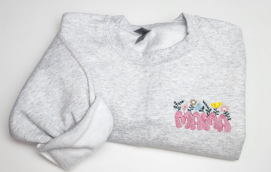 Embroidered Mama Sweatshirt, Pocket Design Flower Embroidered Sweatshirt, Mother Gift