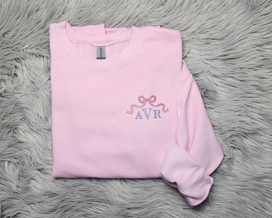 Embroidered Bow Ribbon Monogrammed Crewneck - Delicate Bow Embroidery Personalized Crewneck - Monogram Crewneck  - Gift for Her