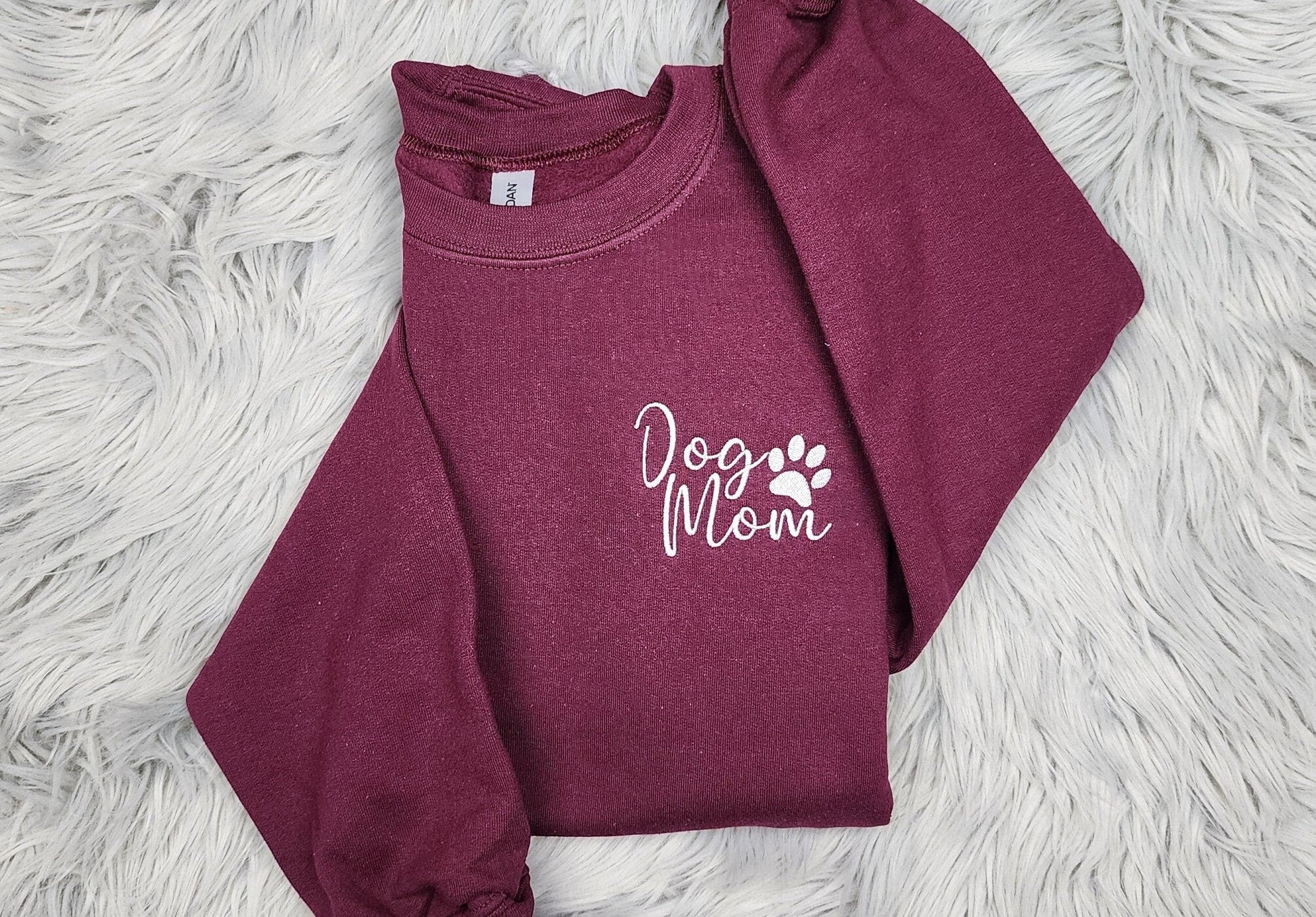 Dog Mom Pocket Logo Embroidered Crewneck - Dog Mama Gift - Embroidered Paw Print