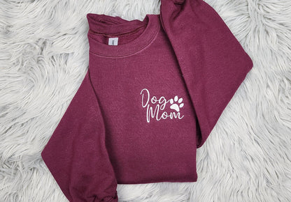 Dog Mom Pocket Logo Embroidered Crewneck - Dog Mama Gift - Embroidered Paw Print