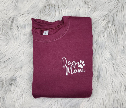 Dog Mom Pocket Logo Embroidered Crewneck - Dog Mama Gift - Embroidered Paw Print