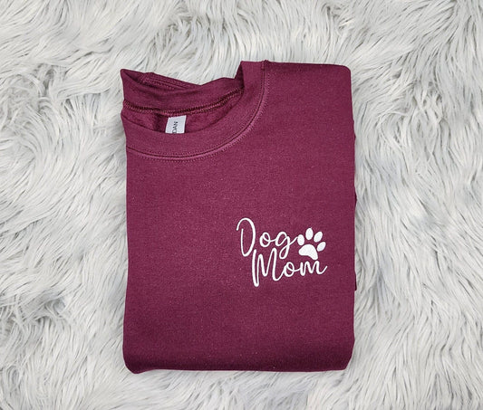 Dog Mom Pocket Logo Embroidered Crewneck - Dog Mama Gift - Embroidered Paw Print