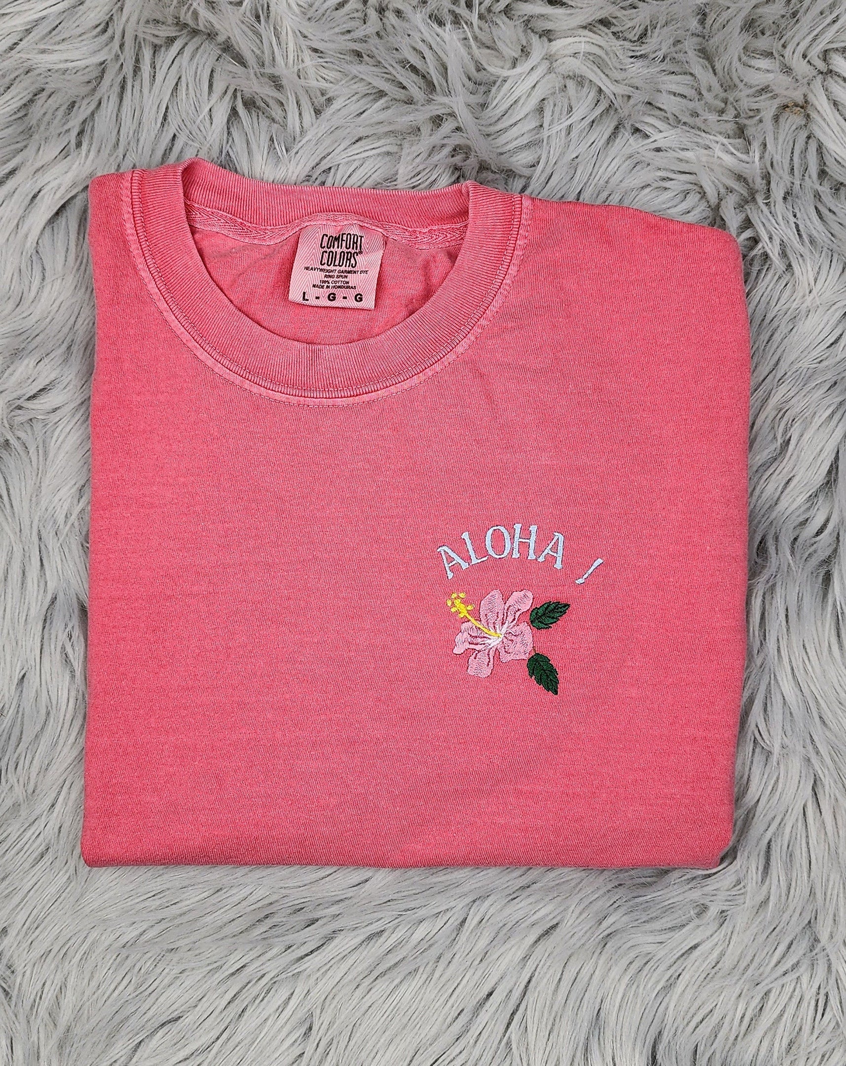 Embroidered Aloha Hawaii Hibiscus flower - Pocket Logo - Hawaii embroidered Unisex T-shirt, Aloha Shirt - Comfort Colors
