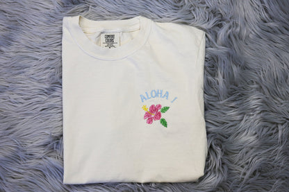Embroidered Aloha Hawaii Hibiscus flower - Pocket Logo - Hawaii embroidered Unisex T-shirt, Aloha Shirt - Comfort Colors