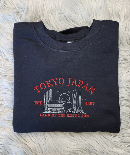 Embroidered Tokyo Japan Sweatshirt - Land Of the Rising Sun Sweatshirt - Unisex Sweatshirt or Hooded Sweatshirt