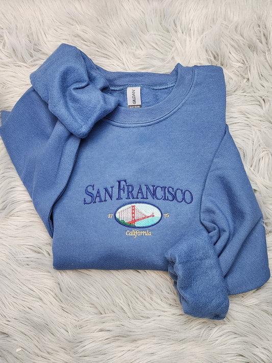 Embroidered San Francisco Golden Gate Bridge Sweatshirt - San Francisco California Unisex  Crewneck Sweatshirt or Hooded Sweatshirt
