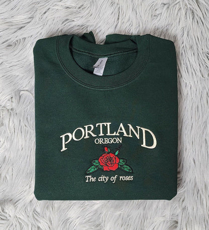 Portland Oregon Embroidered Crewneck - The city of Roses Embroidery - Embroidered Gifts - T-Shirt - Sweatshirt - Hoodie